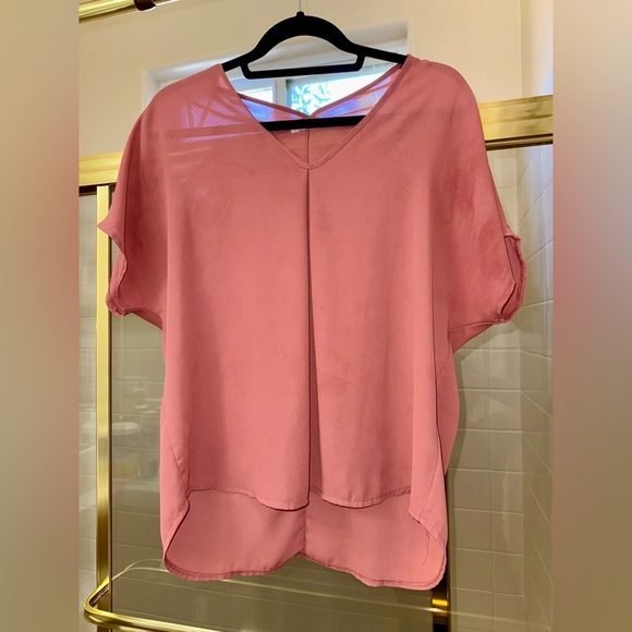 Lush Tops - Lush Pink Blouse with Short Sleeves and Relaxed Fit